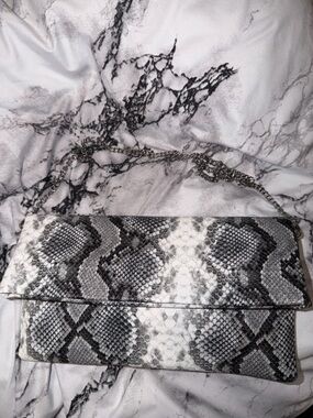 Express Snakeskin-Pattern Chain Clutch in Gray and Black